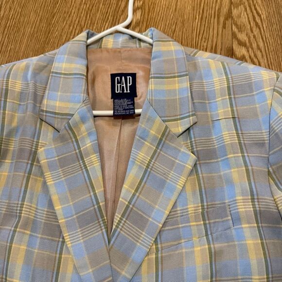 Vintage Gap Blazer Womens Large Blue Yellow Plaid Print Linen 1990s - Picture 3 of 9
